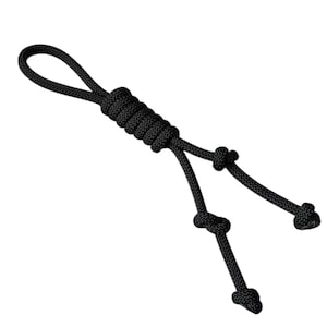 May include: Black rope keychain with a loop at the top and three knotted ends.