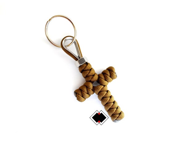 Customizable Cross keychain - 550 Paracord - Coyote Brown - Handmade in USA