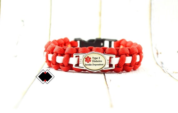 Type 2 Diabetes Insulin Dependent Medical Alert Paracord Bracelet Red and White or Custom Handmade in USA