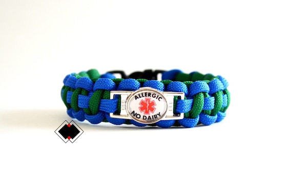 Allergic No Dairy - Medical Alert Paracord Bracelet - Royal Blue and Green or Custom Made - Handmade in USA