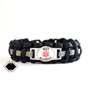 Nut Allergy Medical Alert Paracord Bracelet Black and Grey or Custom Handmade in USA