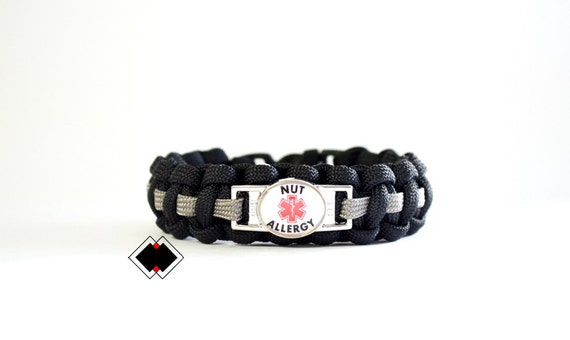 Nut Allergy Medical Alert Paracord Bracelet Black and Grey or Custom Handmade in USA