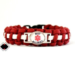 Nut Allergy Medical Alert Paracord Bracelet crimson/white or Custom Made  Handmade in USA