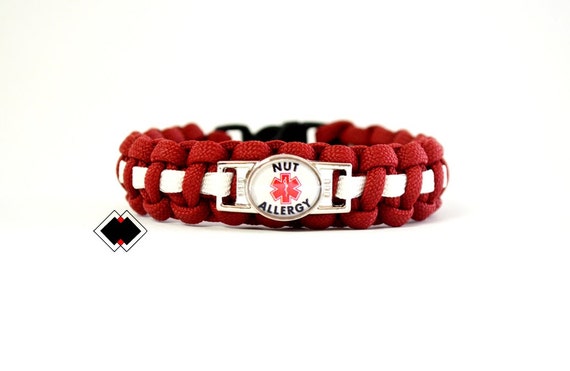 Nut Allergy Medical Alert Paracord Bracelet crimson/white or Custom Made  Handmade in USA