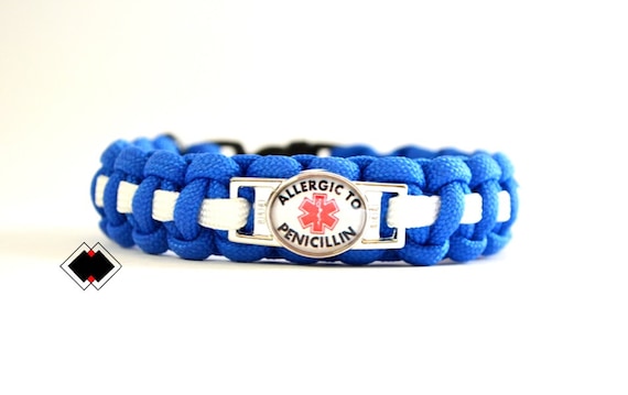 Allergic to Penicillin Medical Alert Paracord Bracelet  blue and white or Custom Made  Handmade in USA