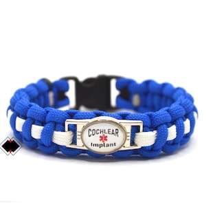 Cochlear Implant Medical Alert Paracord Bracelet Blue and White or custom Handmade in USA