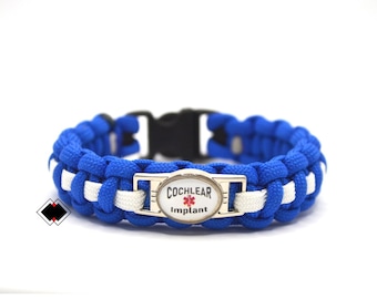 Cochlear Implant Medical Alert Paracord Bracelet Blue and White or custom Handmade in USA