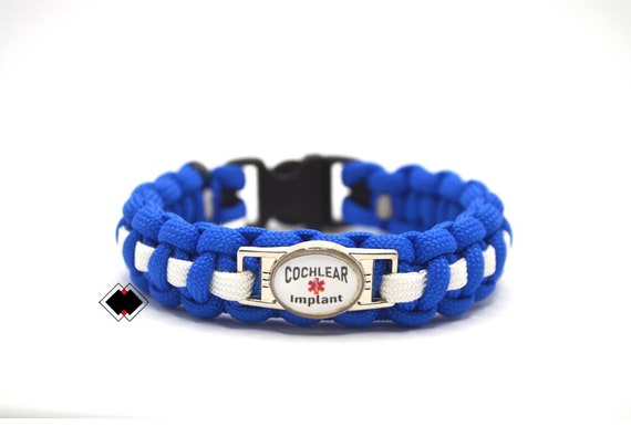 Cochlear Implant Medical Alert Paracord Bracelet Blue and White or custom Handmade in USA