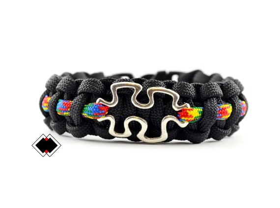Autism Awareness - 550 paracord survival bracelet - black with multicolor thin line and puzzle - handmade
