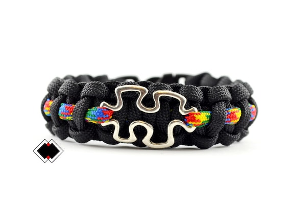 Autism Awareness - 550 paracord survival bracelet - black with multicolor thin line and puzzle - handmade