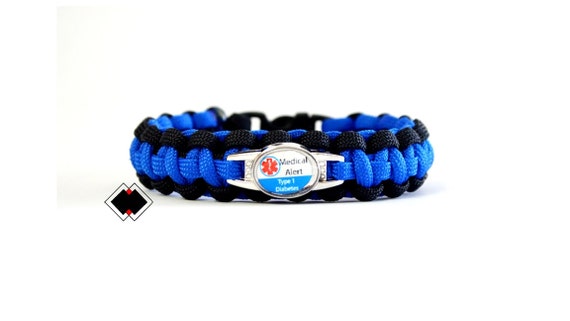 Type 1 Diabetes - Type 2 Diabetes Medical Alert Paracord Bracelet - Black and Blue or Custom Made - Handmade in USA