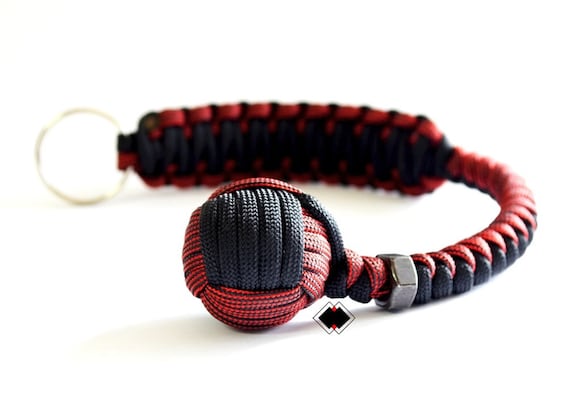 Customizable 1" Monkey Fist keychain dark red  - black 550 Paracord Handmade in USA