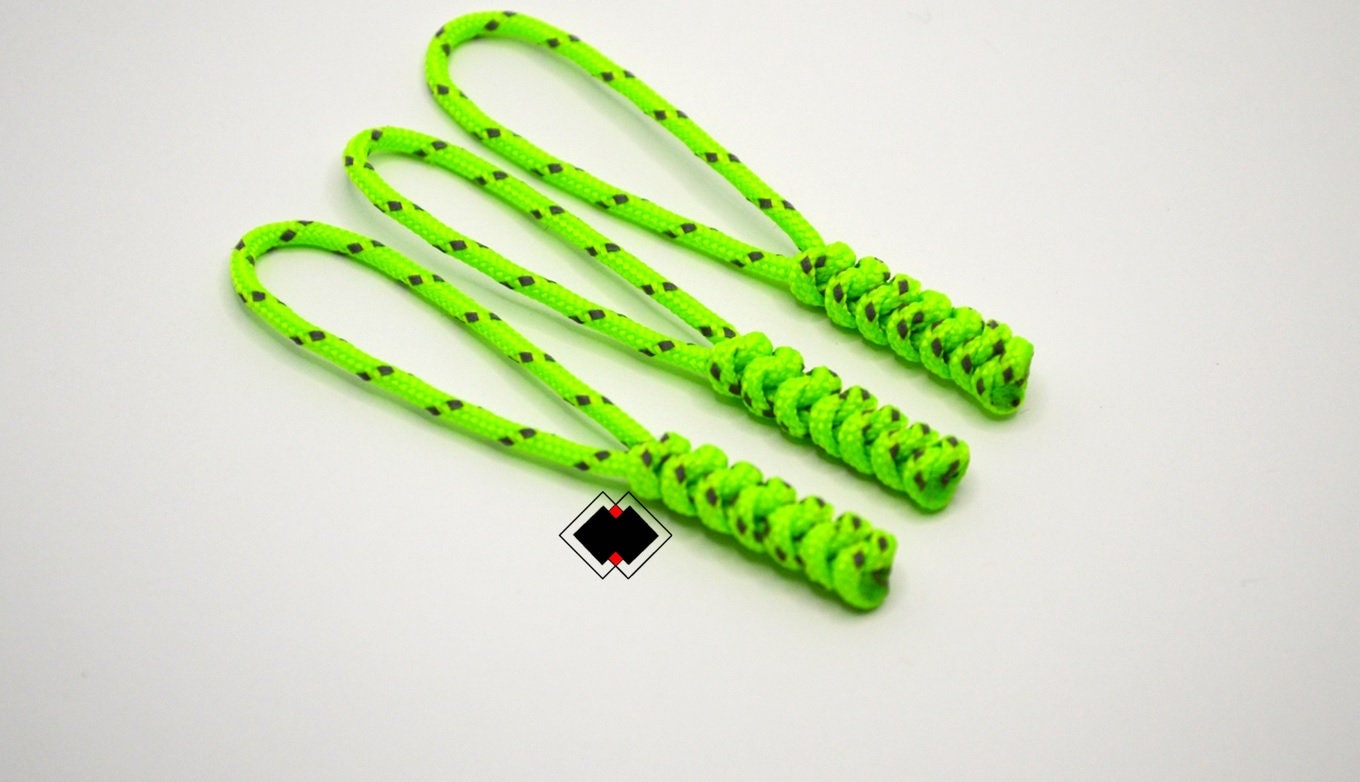3 pack reflective 275 paracord neon green or custom color paracord zipper  pulls clothing keychain lanyard REFLECTIVE NEON GREEN
