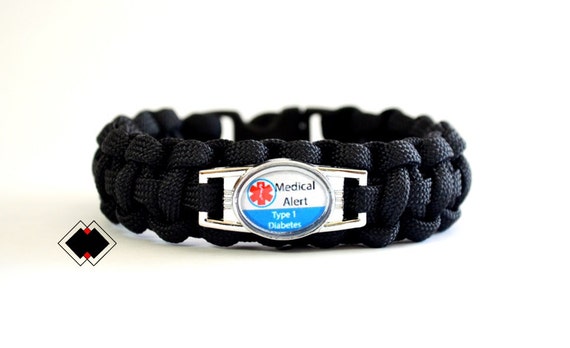 Type 1 Diabetes Diabetes Medical Alert Paracord Bracelet Black or Custom Handmade in USA