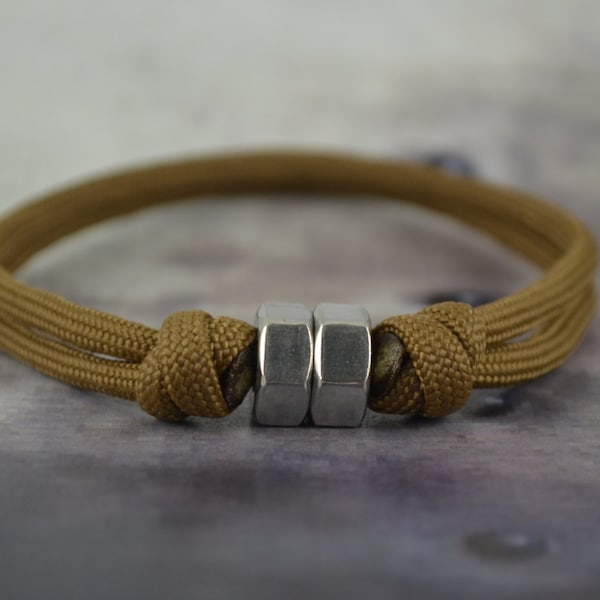 Silver Hex Nut Paracord Bracelet - Minimalist - Coyote Brown