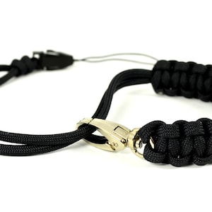 paracord camera wrist strap - black - adjustable with swivel clasp and quick-release connector - custom - made in USA