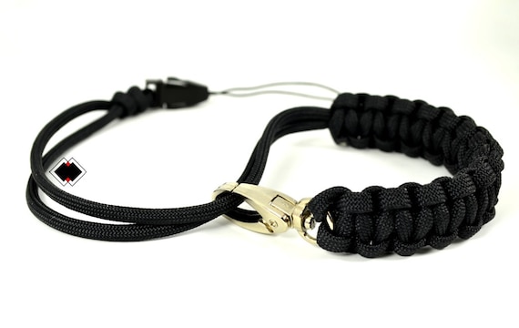 paracord camera wrist strap - black - adjustable with swivel clasp and quick-release connector - custom - made in USA