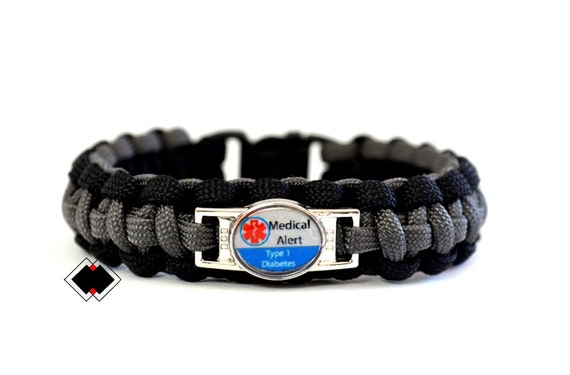 Type 1 Diabetes - Type 2 Diabetes Medical Alert Paracord Bracelet gift - Black and Grey - Custom Made - Handmade in USA