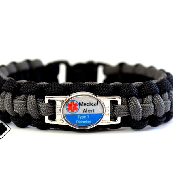 Type 1 Diabetes - Type 2 Diabetes Medical Alert Paracord Bracelet gift - Black and Grey - Custom Made - Handmade in USA