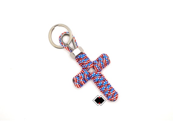 Customizable Cross keychain - 550 Paracord - Old Glory God Bless America 4th of July handmade in USA