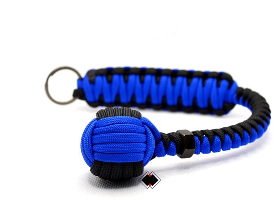 Customizable 1" Monkey Fist keychain royal blue-black 550 Paracord Handmade in USA