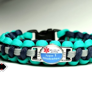 Type 1 Diabetes - Type 2 Diabetes Medical Alert Paracord Bracelet - Teal -Navy Blue - Grey - Custom Made - Handmade in USA