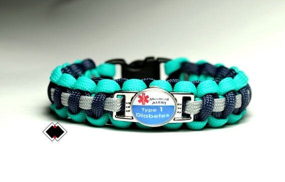 Type 1 Diabetes - Type 2 Diabetes Medical Alert Paracord Bracelet - Teal -Navy Blue - Grey - Custom Made - Handmade in USA