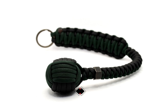 Customizable 1" Monkey Fist keychain hunter green-black 550 Paracord Handmade in USA