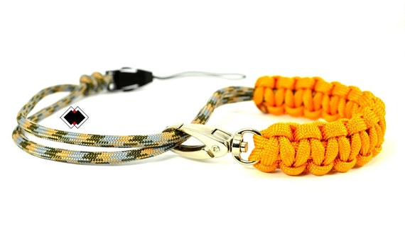 paracord camera wrist strap - camo-gold - adjustable with swivel clasp and quick-release connector - custom - made in USA