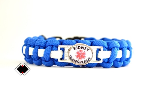 Kidney Transplant Medical Alert Paracord Bracelet  blue and white or Custom Made  Handmade in USA