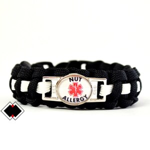 Nut Allergy Medical Alert Paracord Bracelet Black and White or Custom Handmade in USA