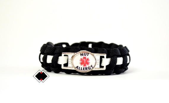 Nut Allergy Medical Alert Paracord Bracelet Black and White or Custom Handmade in USA