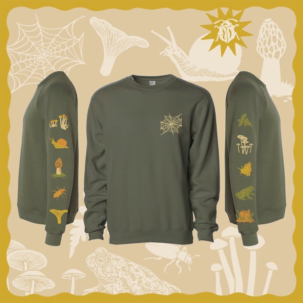 Mushroom, Beetle, Snail, Ferns, Spider Web, Spooky, Autumn, Cozy Fall Sweatshirt Screenprinted Crew Neck Sweatshirt