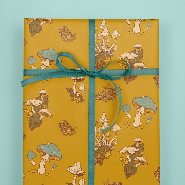 Roll of 3 Double-Sided Recyclable Gift Wrap, Wrapping Paper, Sheets 20x29" | Mushrooms (Mustard & Blue)