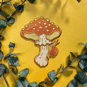 Mushroom and Snail Embroidered Patch, Iron on Patch image 1