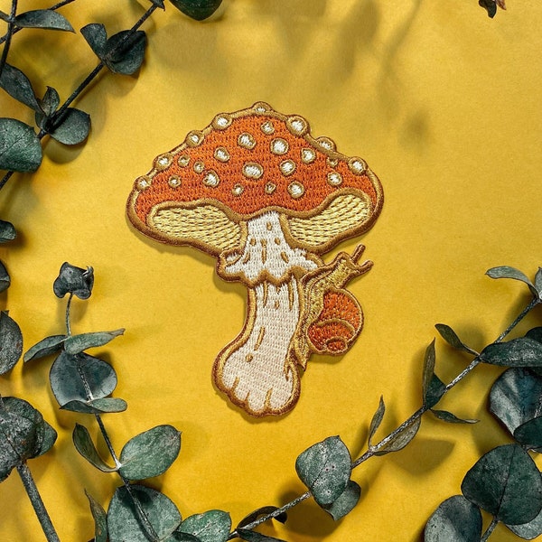 Mushroom and Snail Embroidered Patch, Iron on Patch