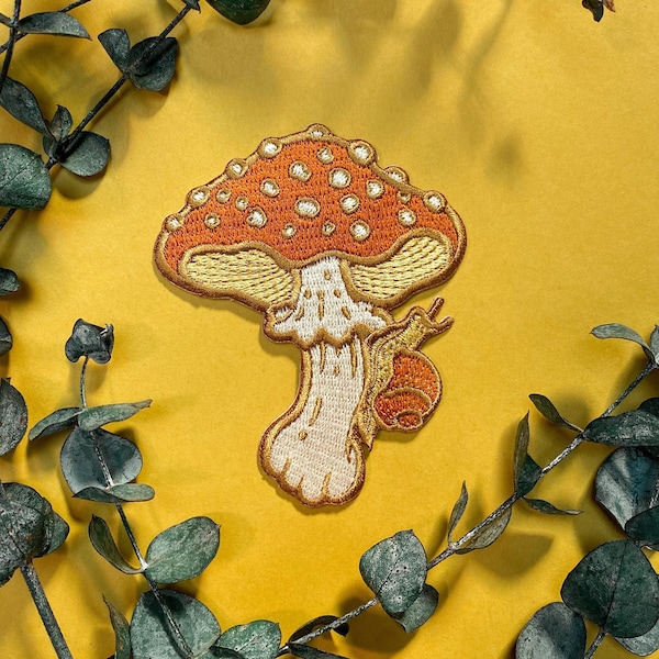 Mushroom and Snail Embroidered Patch, Iron on Patch