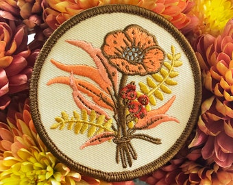 Floral, Flowers, Poppies and Eucalyptus Embroidered Patch, Iron on Patch