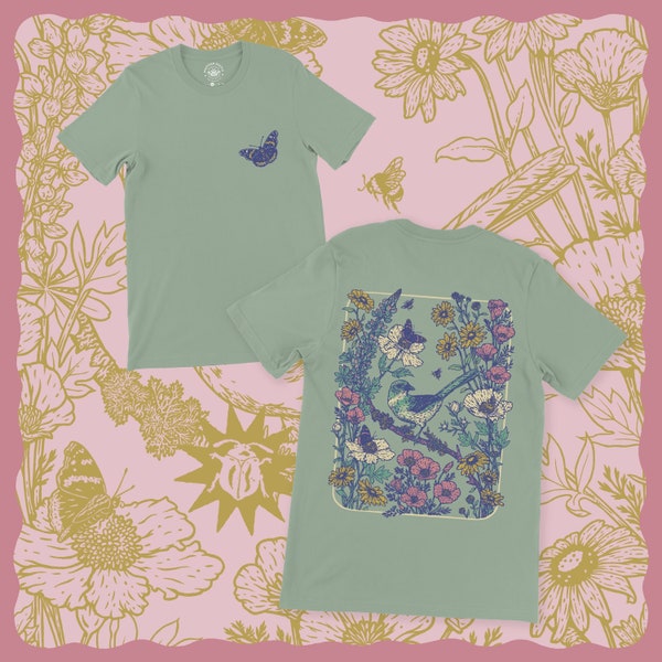 Bird Shirt, Hand Screenprinted, Chaparral T-shirt, featuring native California flowers and Scrub Jay