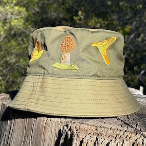 Mushrooms, Moth, Snail, Fern, Forest Green Bucket Hat featuring woodland flora and fauna, goblin cottagecore