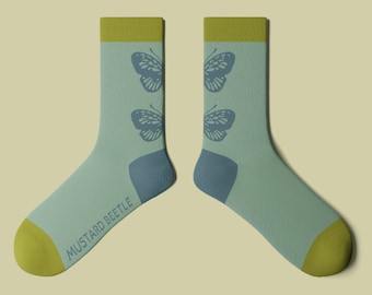 Butterfly Mid Length Crew Socks, Cute, Blue & Green