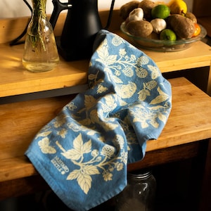 Berries Tea Towel, Hand Screenprinted Hand Dyed, 100% Organic Fair Trade Cotton image 1