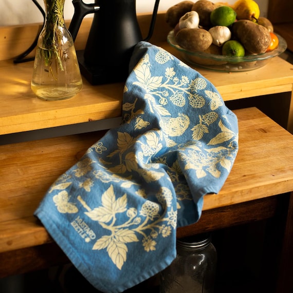 Berries Tea Towel, Hand Screenprinted Hand Dyed, 100% Organic Fair Trade Cotton