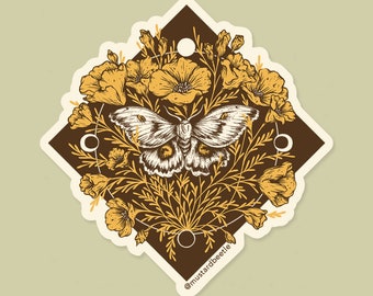 Polyphemus Moth & California Poppies, Moon Phases, Geometric, Scientific Illustration 3" Sticker