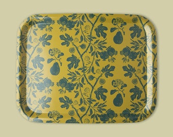 Figs, Pomegranate, Pear, Flowering Fruit, Chartreuse, Blue, Green, Serving Tray 11x14" Birch Laminate