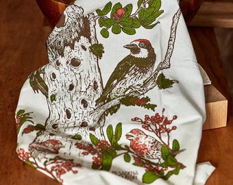 Tea Towel: Acorn Woodpecker for Pasadena Audubon, Hand-Screenprinted, Organic Fair Trade Cotton, Bird Art