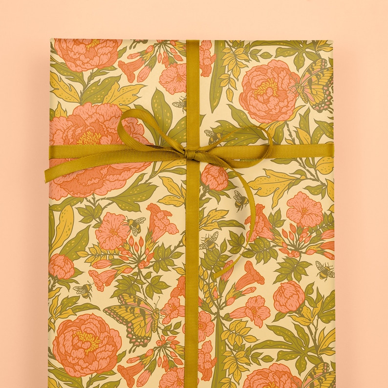 Roll of 3 Double-Sided Recyclable Gift Wrap, Wrapping Paper, Sheets 20x29 Peonies image 2