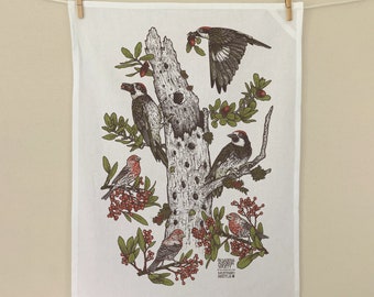 Pasadena Audubon Society, Acorn Woodpecker and House Finch, Bird Tea Towel, Hand Screenprinted Hand Dyed, 100% Organic Fair Trade Cotton