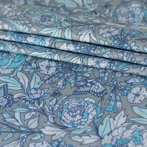 Peonies: Blue, Bountiful, Mustard Beetle, Birch Fabrics, GOTS certified organic cotton poplin, fabric by the HALF yard, yardage