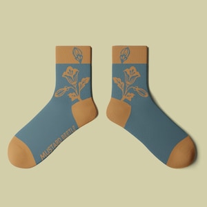 Poppies Floral, Blue and Peach, Short Crew Socks
